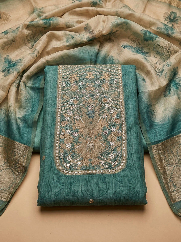 Rama Green Chanderi Embroidered Unstitched Dress Material