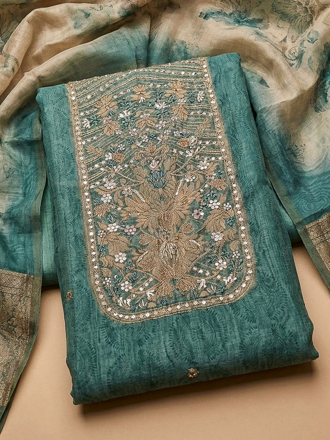 Rama Green Chanderi Embroidered Unstitched Dress Material