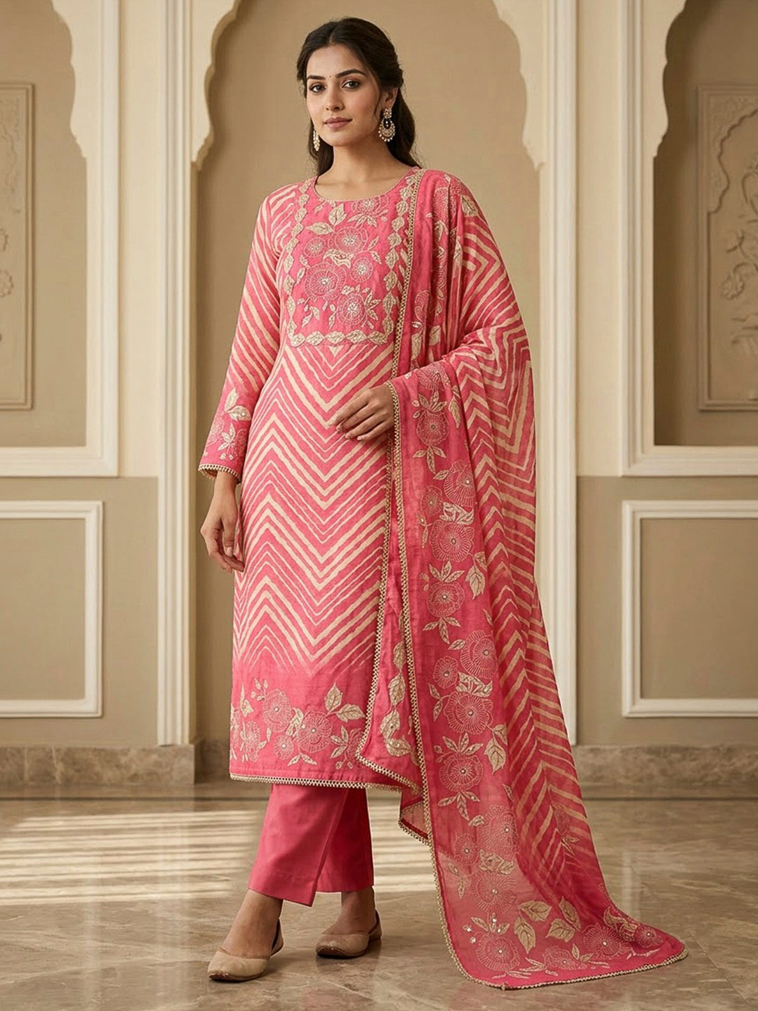 Hot Pink Chanderi Embroidered Unstitched Dress Material