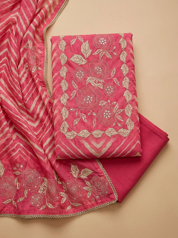 Hot Pink Chanderi Embroidered Unstitched Dress Material