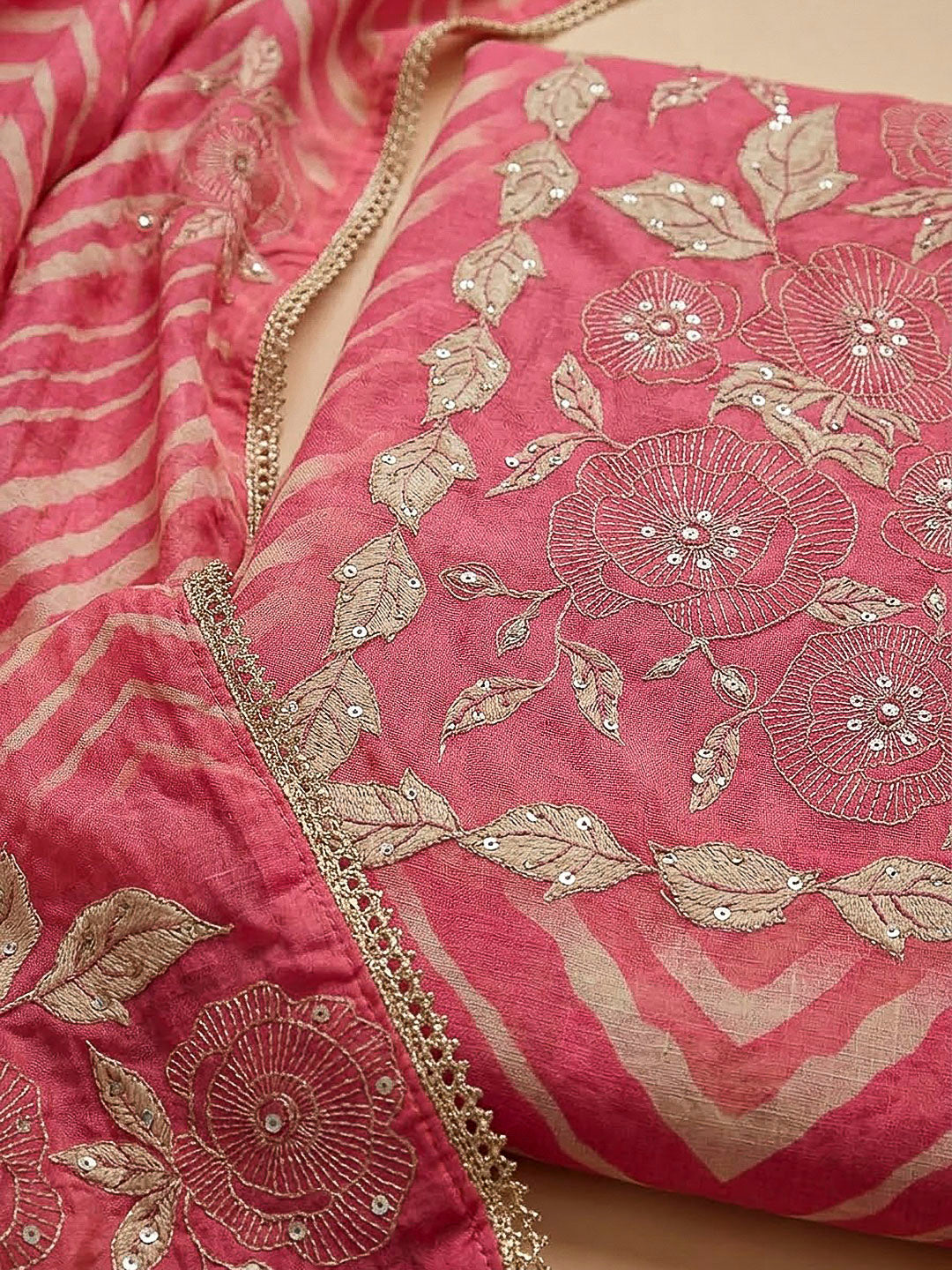 Hot Pink Chanderi Embroidered Unstitched Dress Material