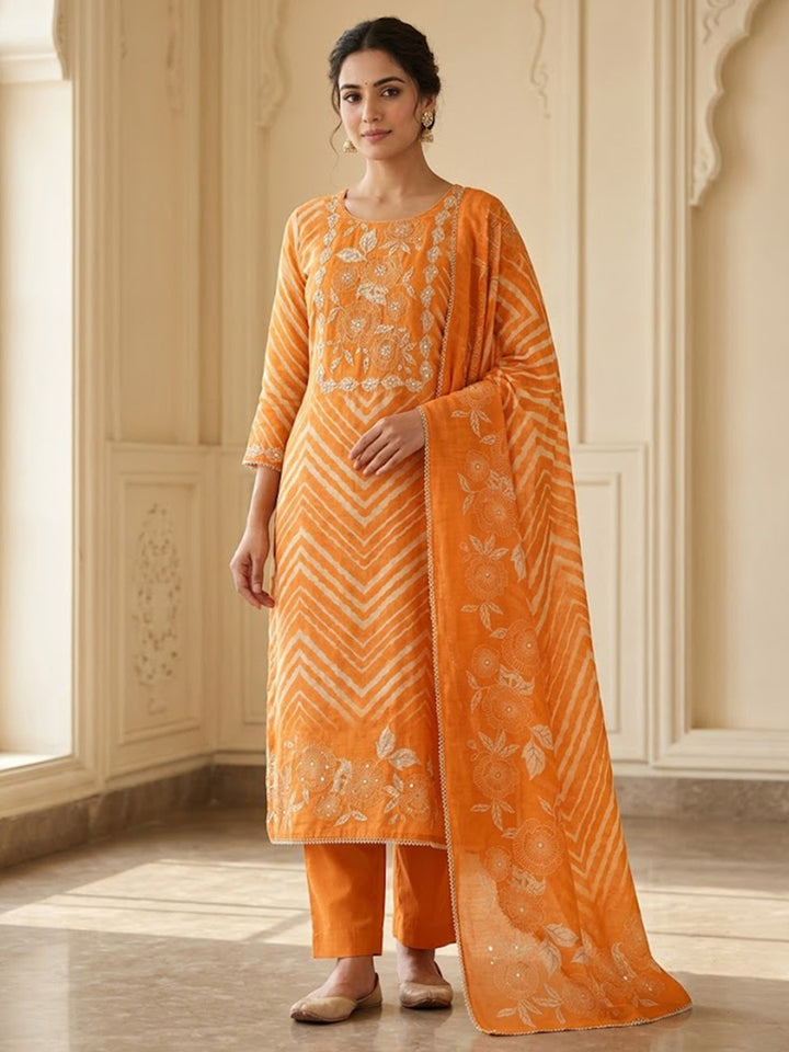 Orange Chanderi Embroidered Unstitched Dress Material