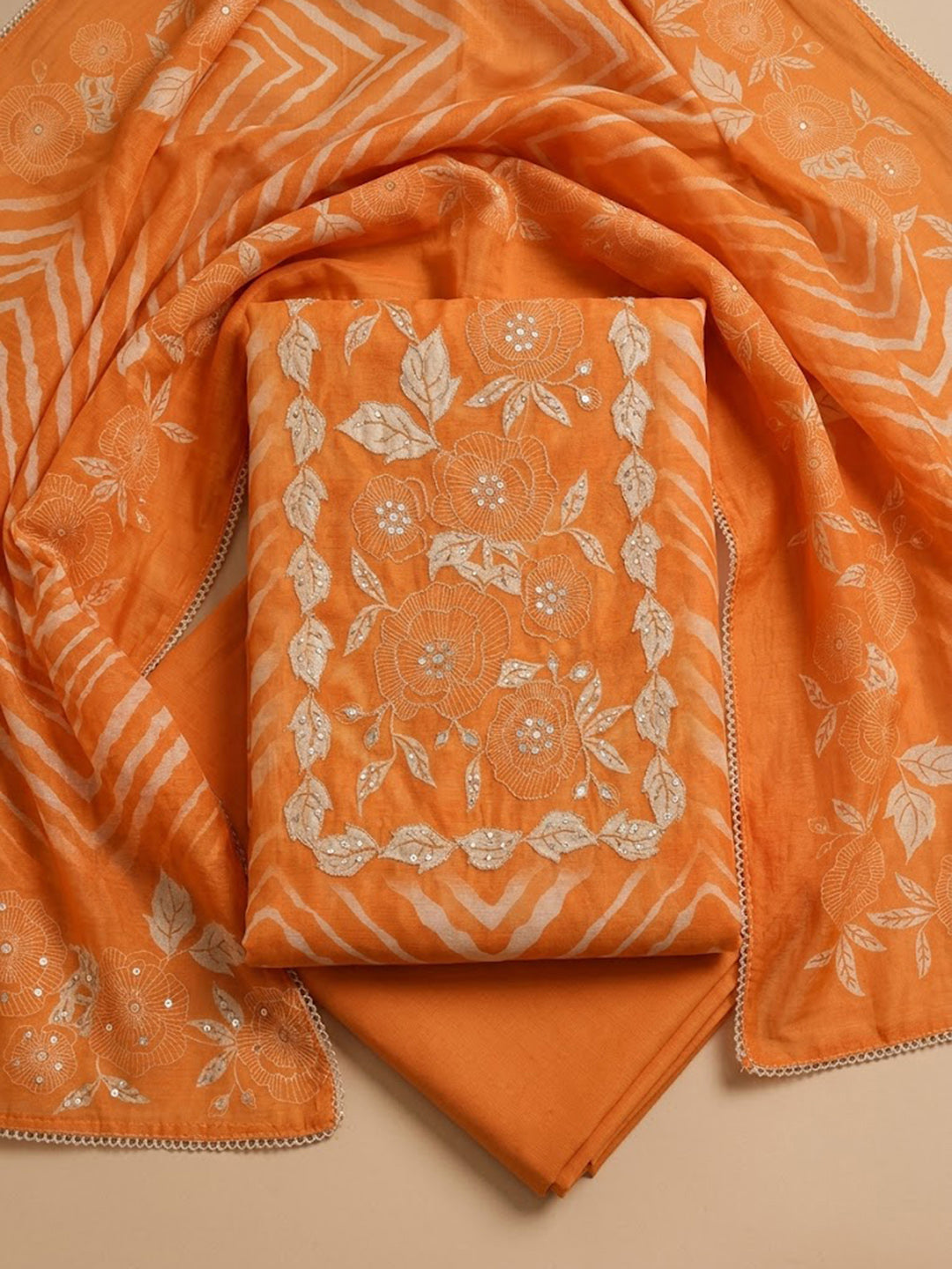 Orange Chanderi Embroidered Unstitched Dress Material