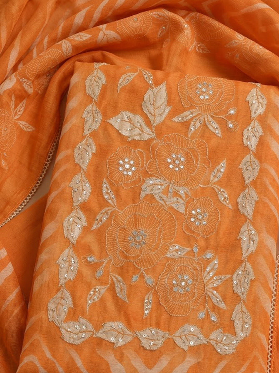 Orange Chanderi Embroidered Unstitched Dress Material