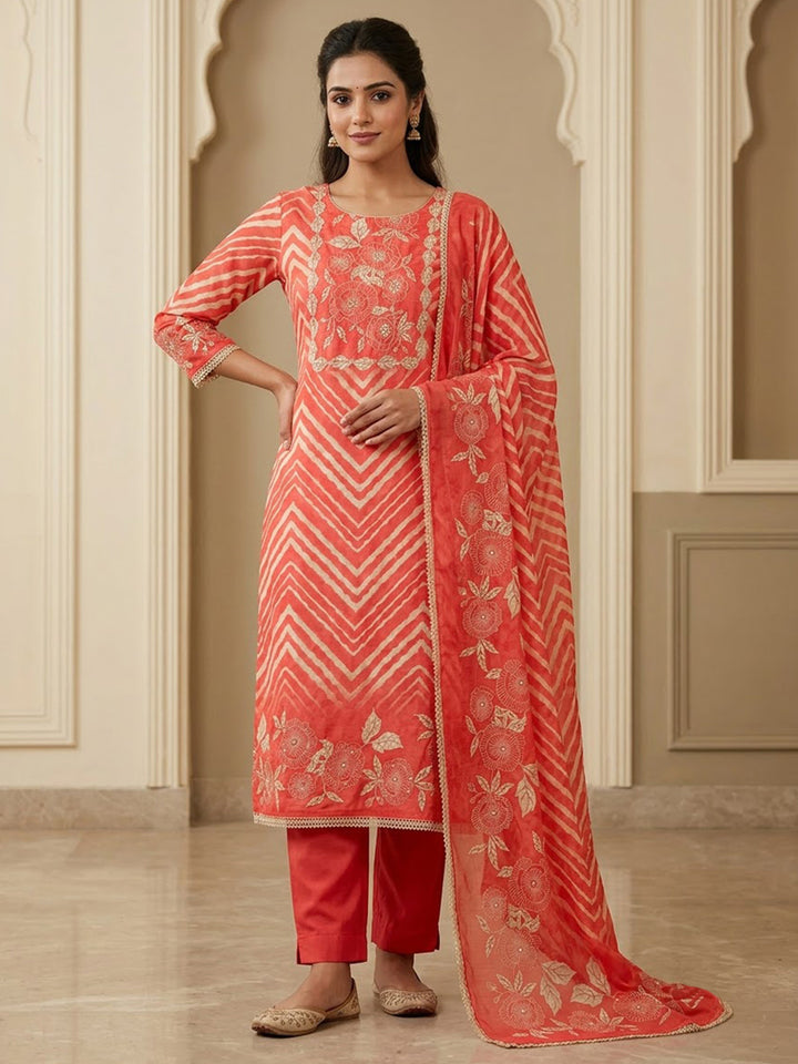 Red Chanderi Embroidered Unstitched Dress Material