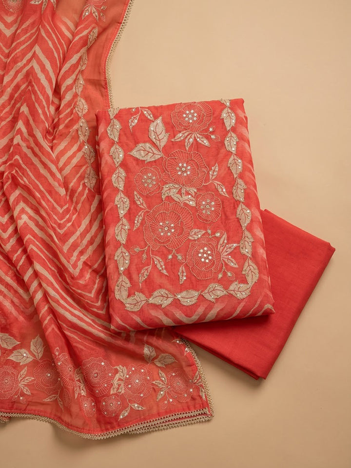 Red Chanderi Embroidered Unstitched Dress Material