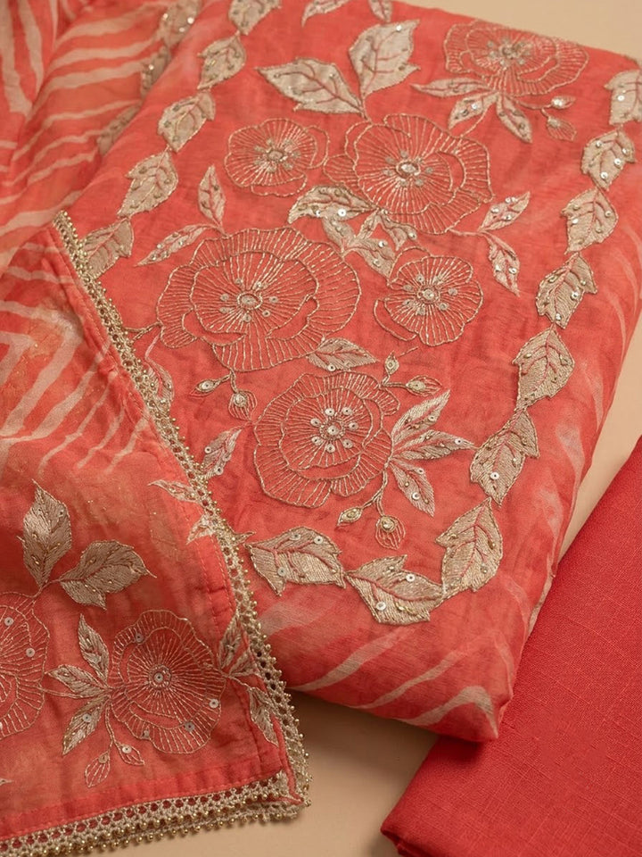 Red Chanderi Embroidered Unstitched Dress Material