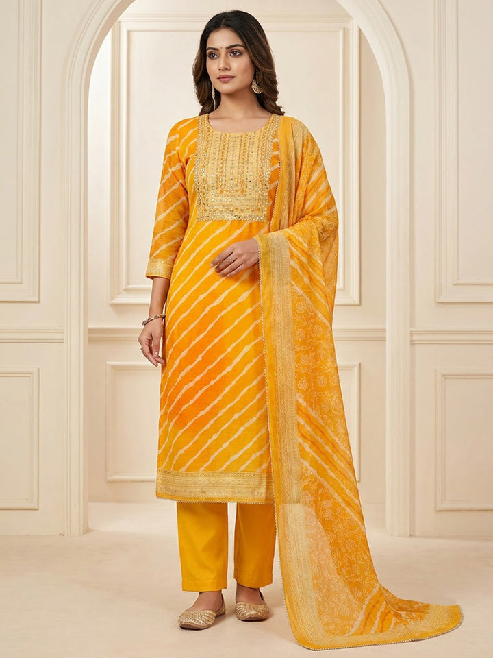 Mustard Chanderi Embroidered Unstitched Dress Material