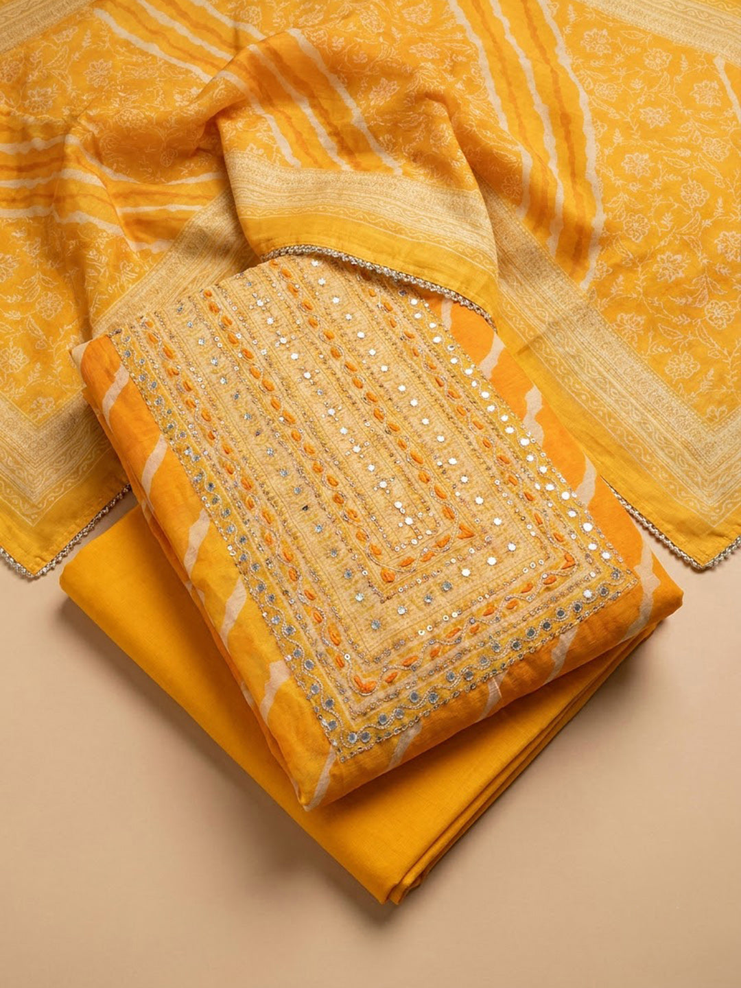 Mustard Chanderi Embroidered Unstitched Dress Material