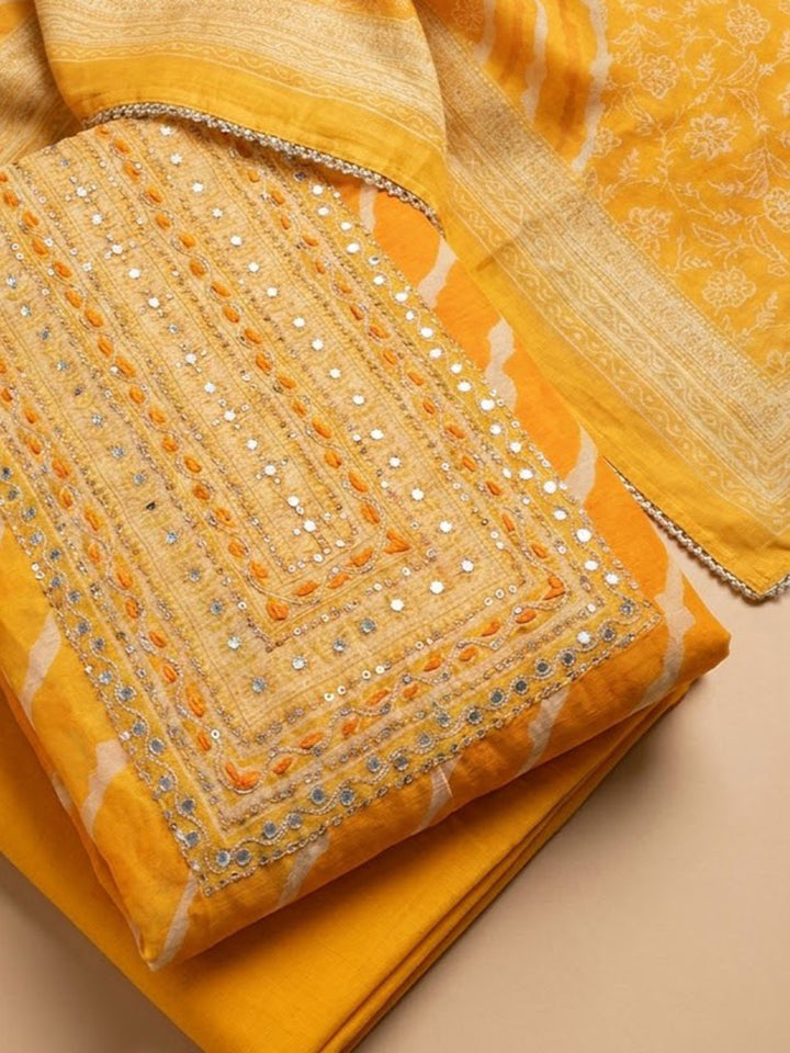Mustard Chanderi Embroidered Unstitched Dress Material