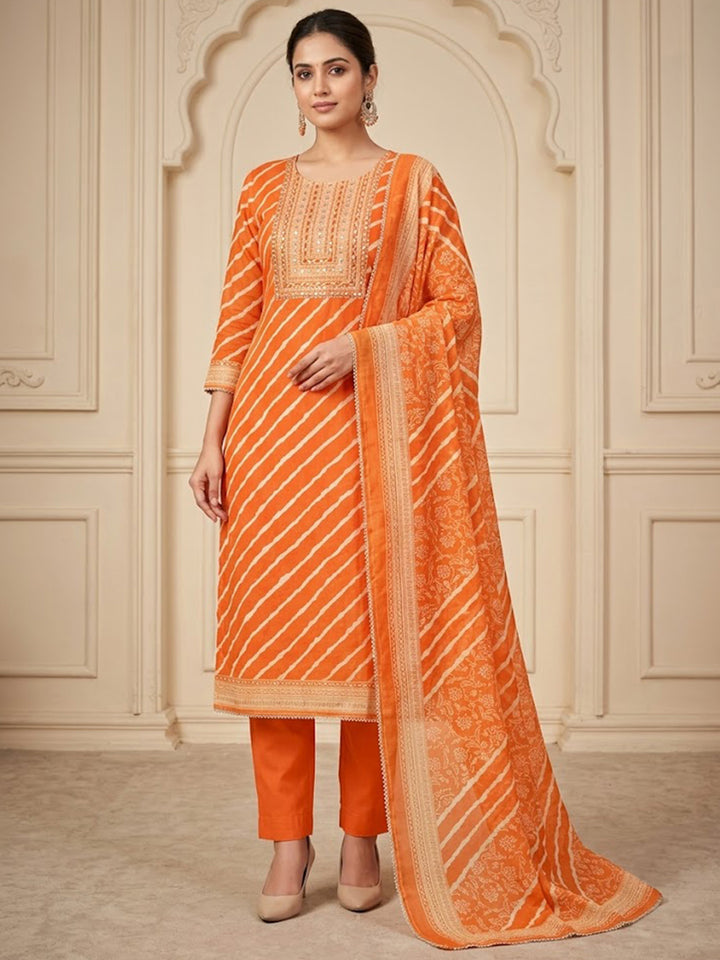 Orange Chanderi Embroidered Unstitched Dress Material