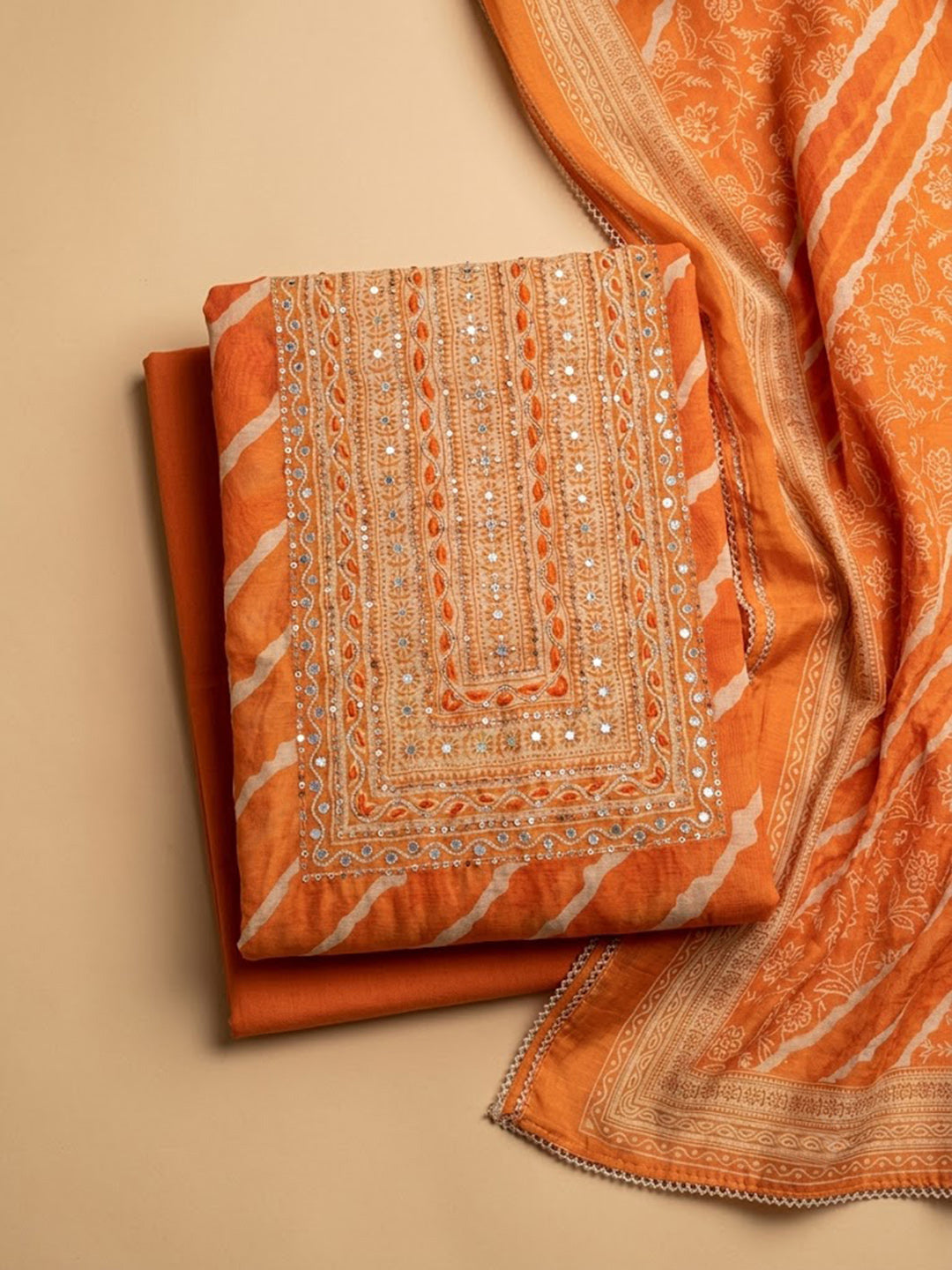 Orange Chanderi Embroidered Unstitched Dress Material