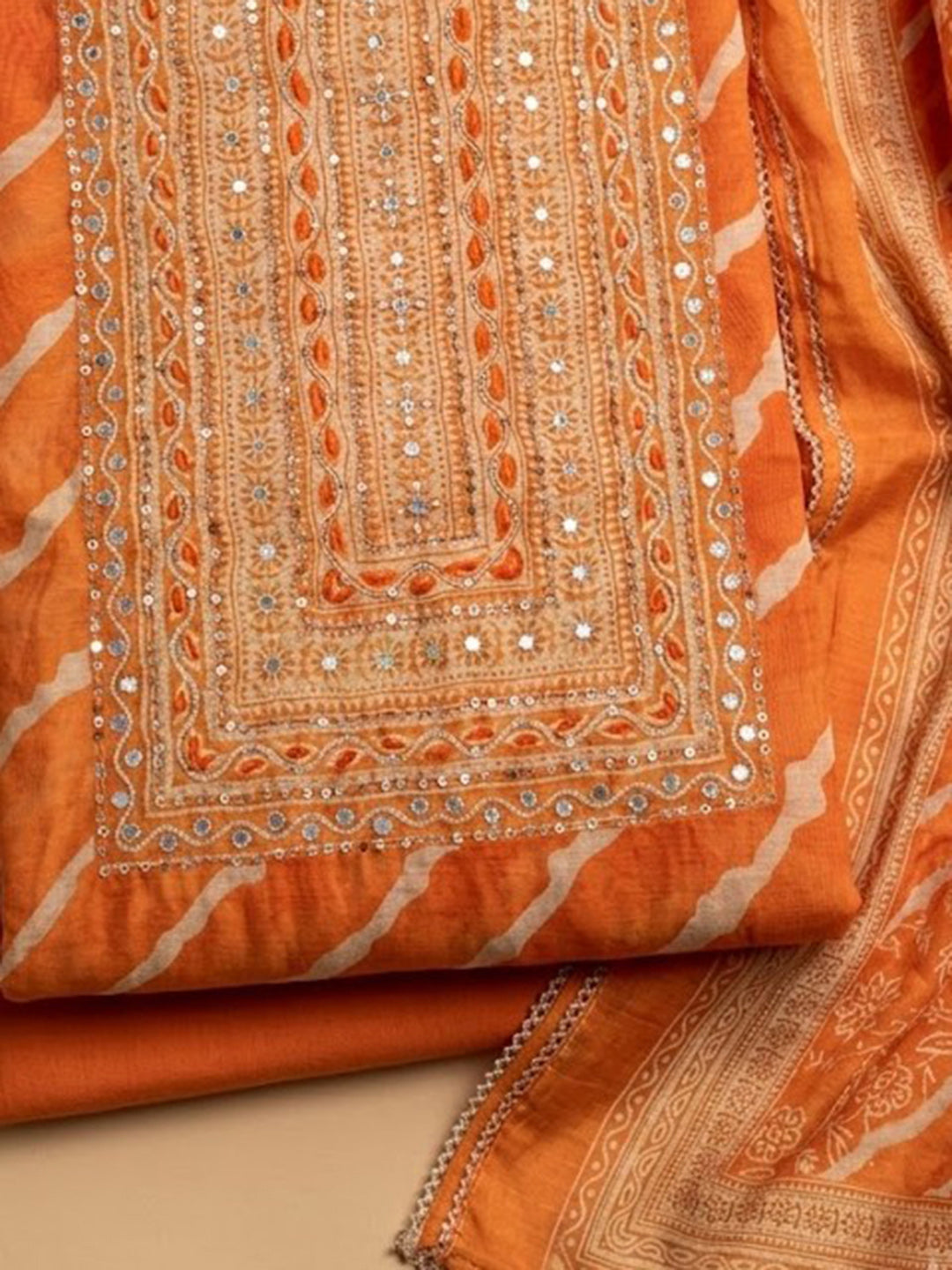 Orange Chanderi Embroidered Unstitched Dress Material