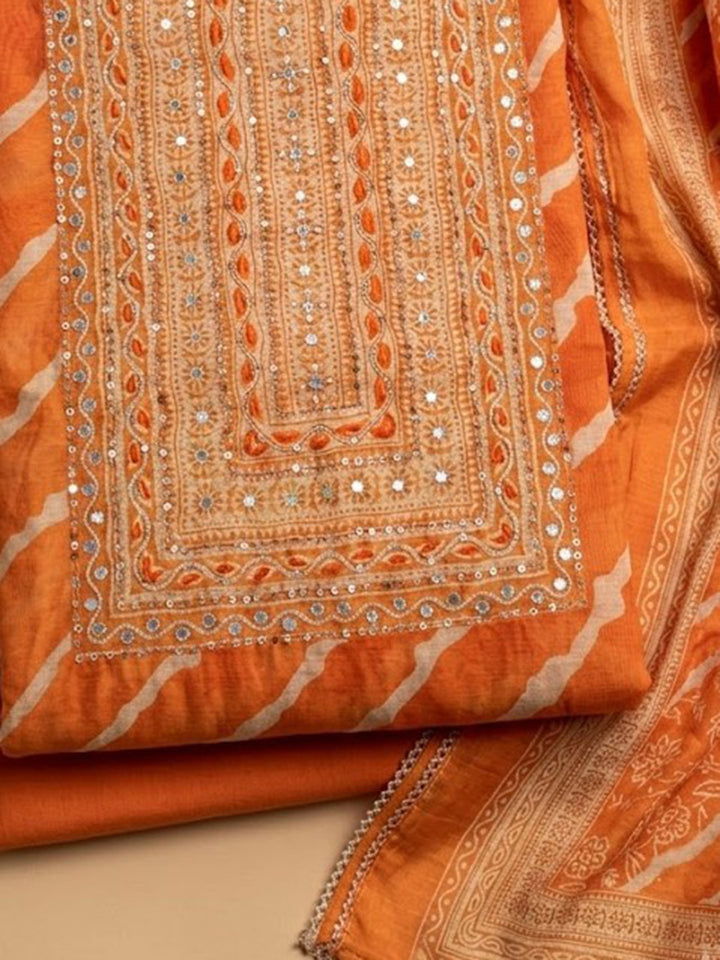 Orange Chanderi Embroidered Unstitched Dress Material
