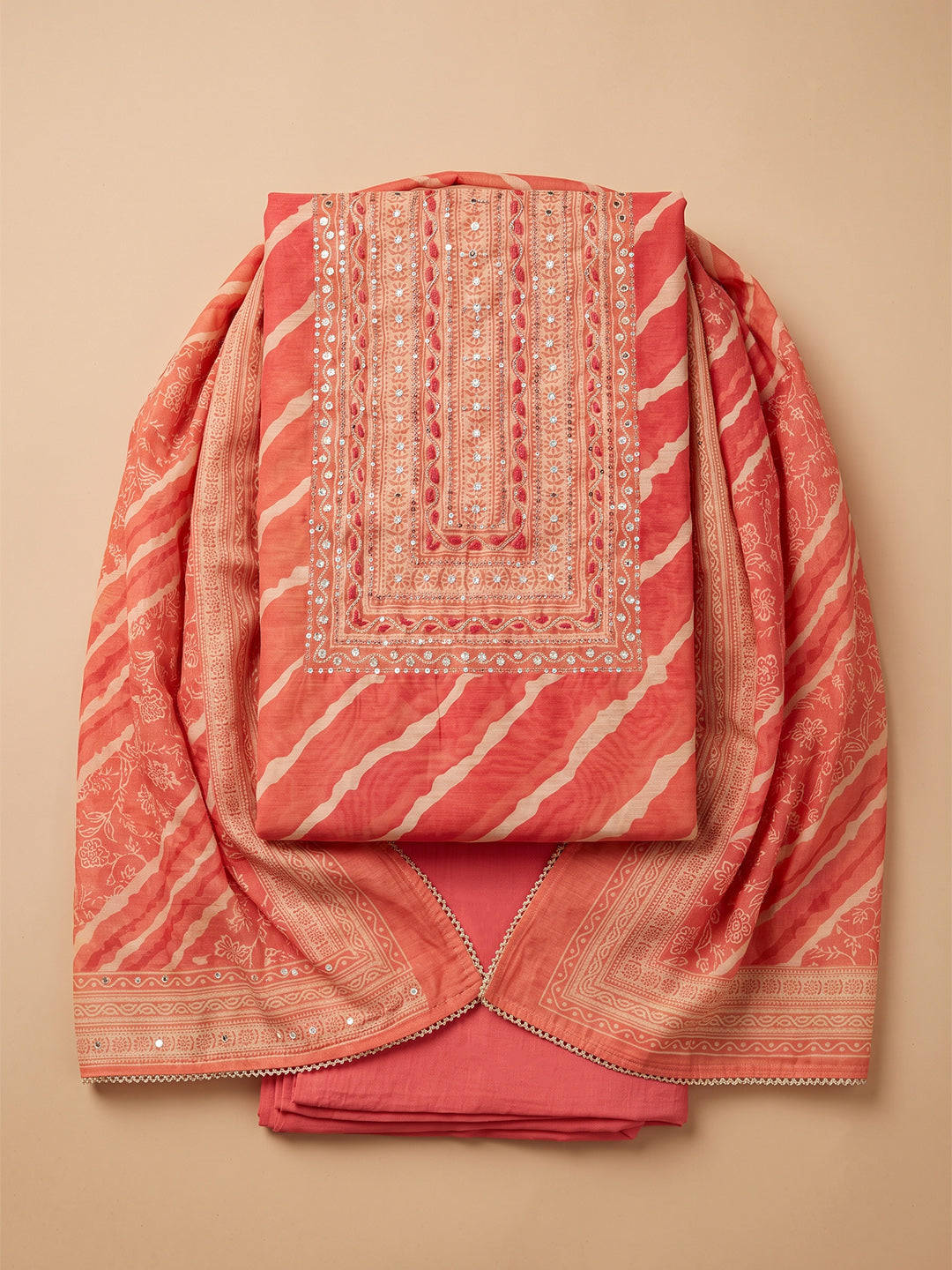 Pink Chanderi Embroidered Unstitched Dress Material