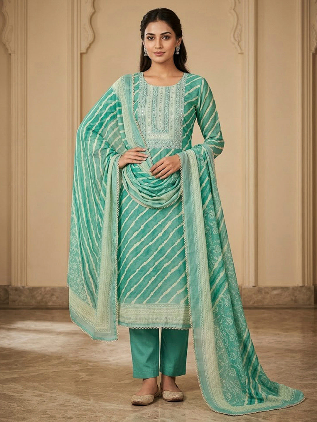 Sea Green Chanderi Embroidered Unstitched Dress Material