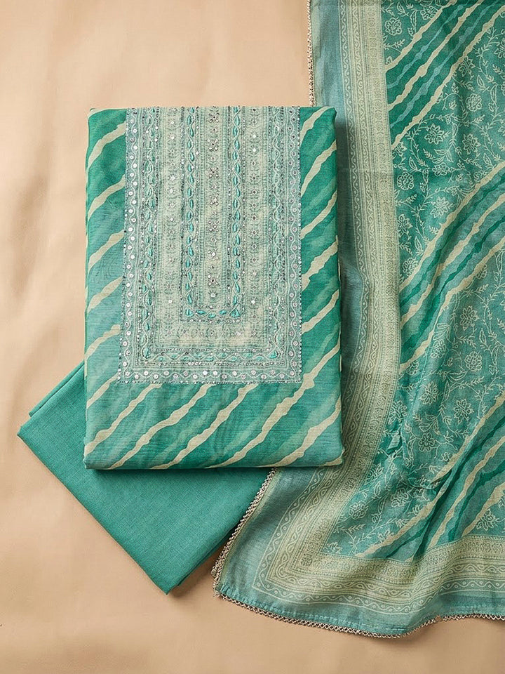 Sea Green Chanderi Embroidered Unstitched Dress Material