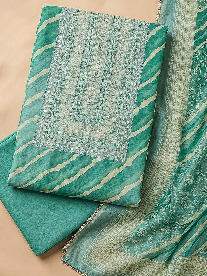 Sea Green Chanderi Embroidered Unstitched Dress Material