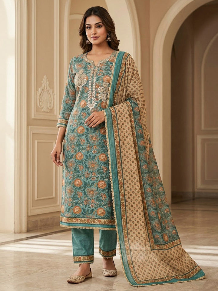 Blue Chanderi Printed Unstitched Dress Material