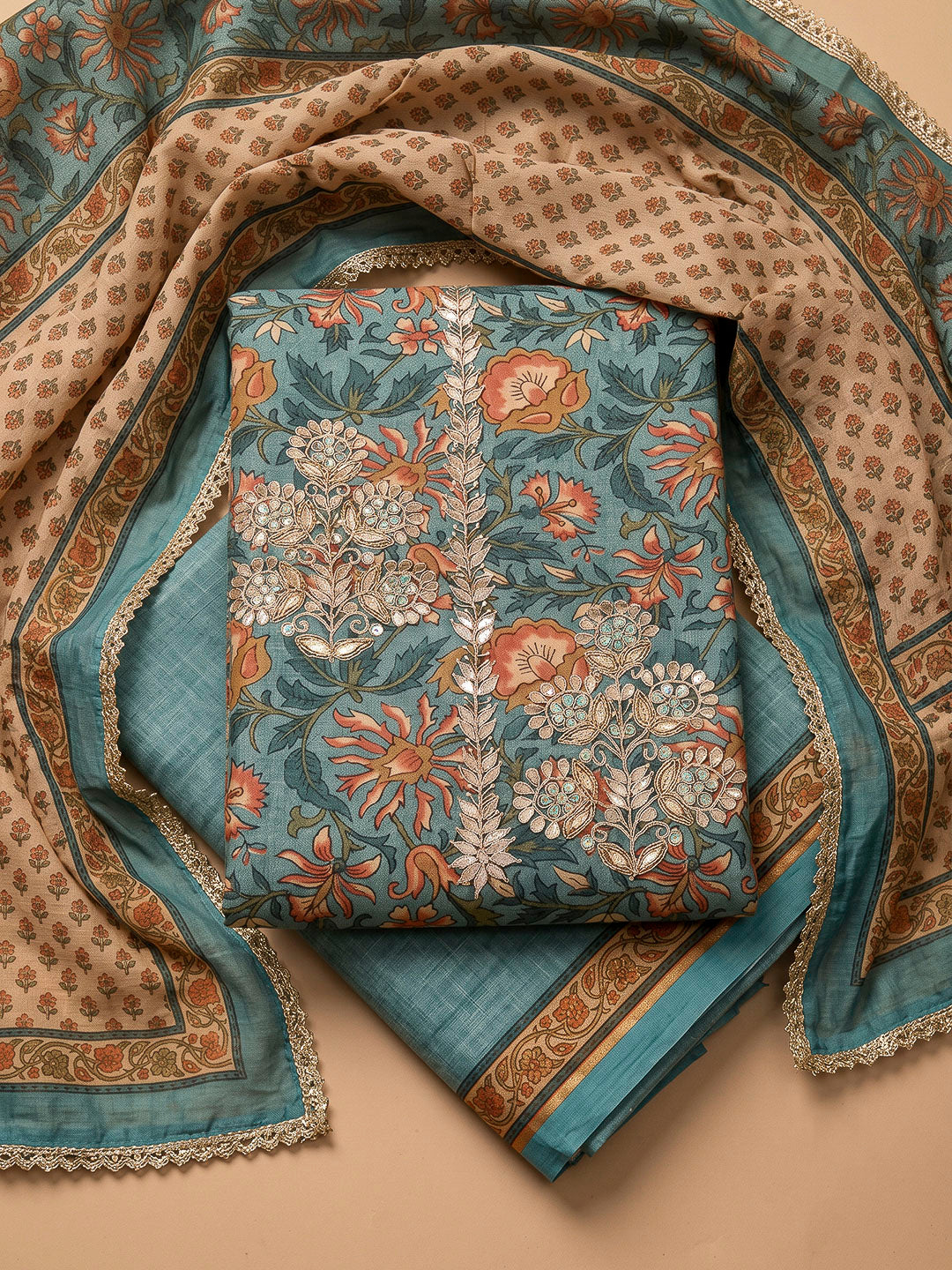 Blue Chanderi Printed Unstitched Dress Material