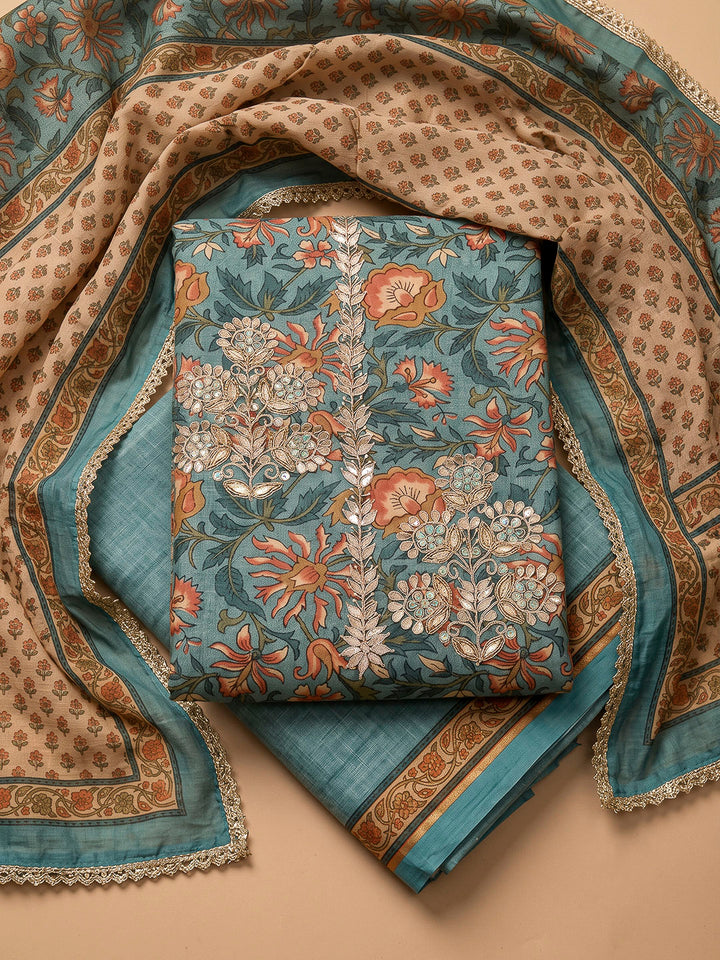 Blue Chanderi Printed Unstitched Dress Material
