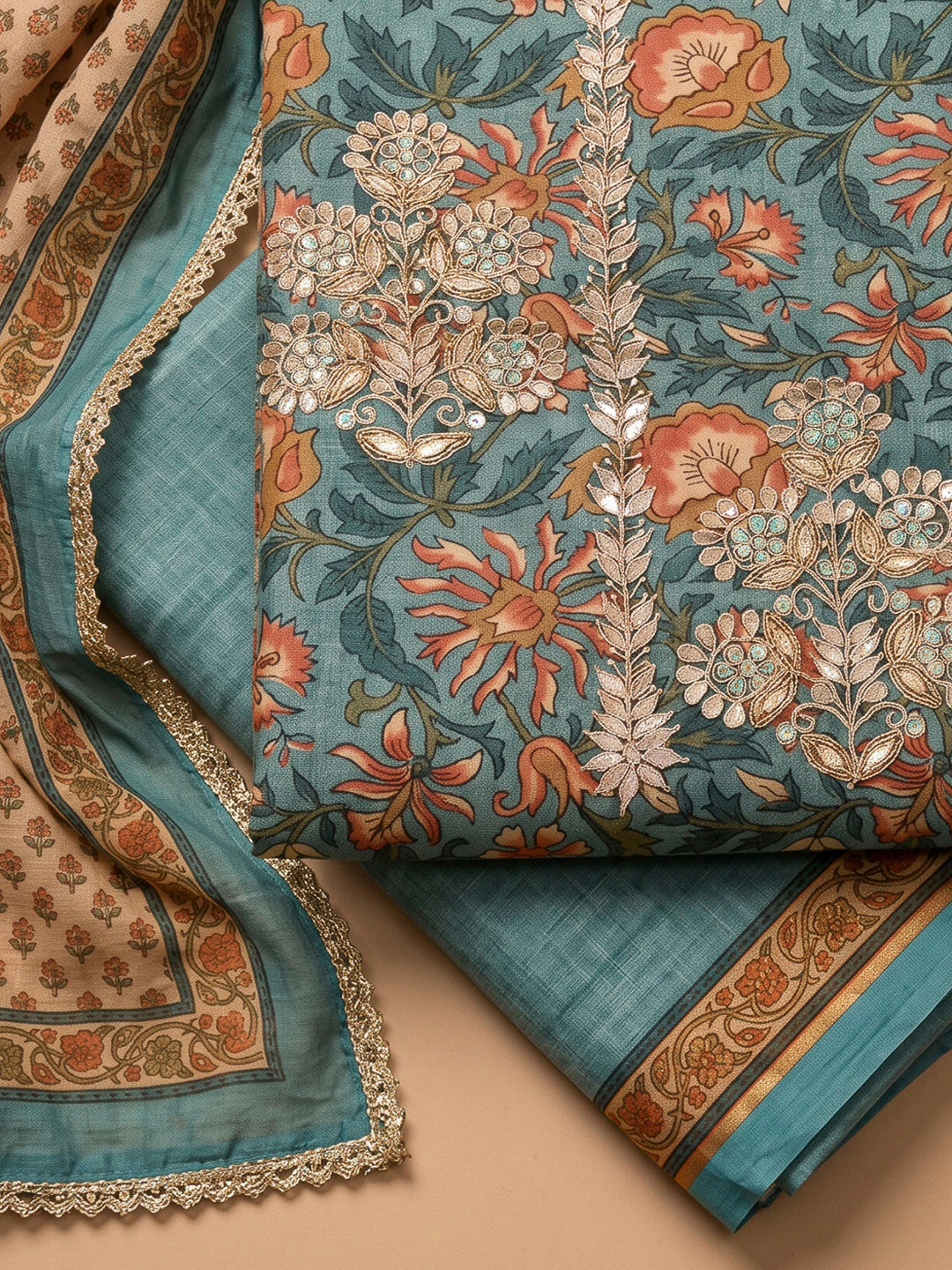 Blue Chanderi Printed Unstitched Dress Material