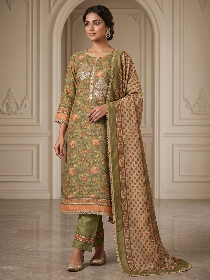 Green Chanderi Printed Unstitched Dress Material