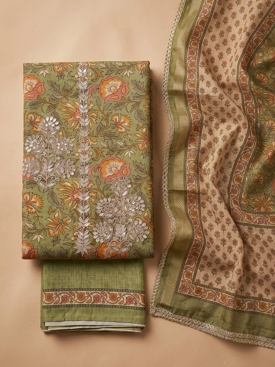 Green Chanderi Printed Unstitched Dress Material