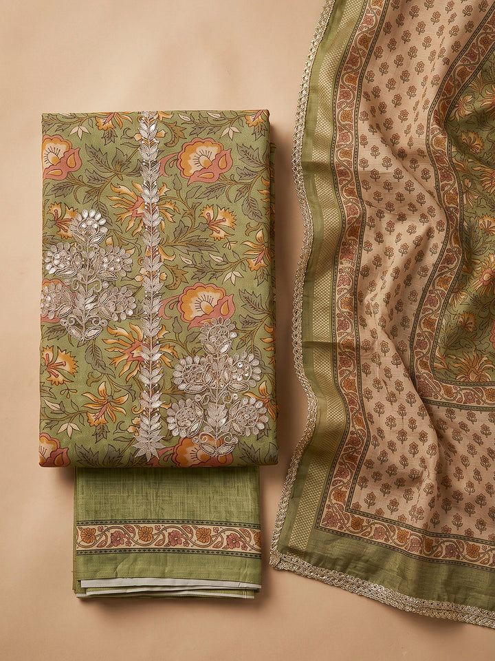 Green Chanderi Printed Unstitched Dress Material