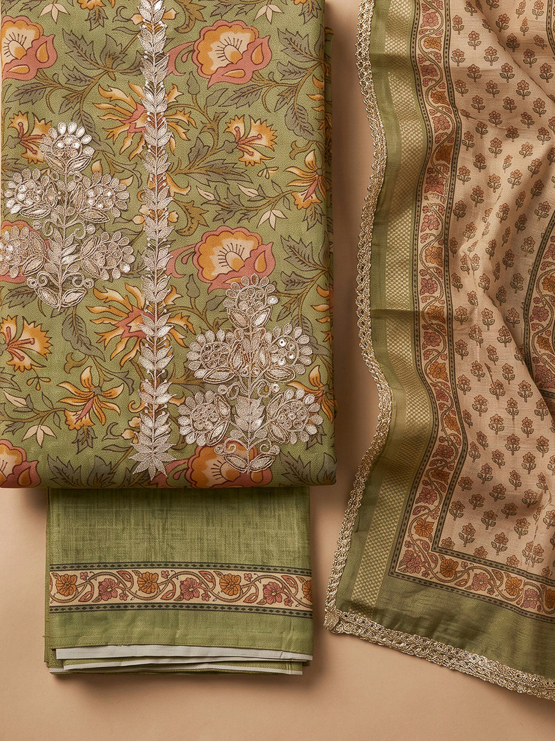 Green Chanderi Printed Unstitched Dress Material