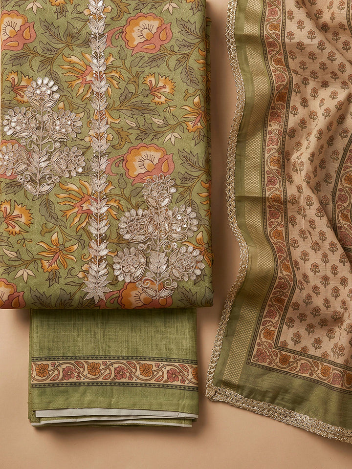 Green Chanderi Printed Unstitched Dress Material