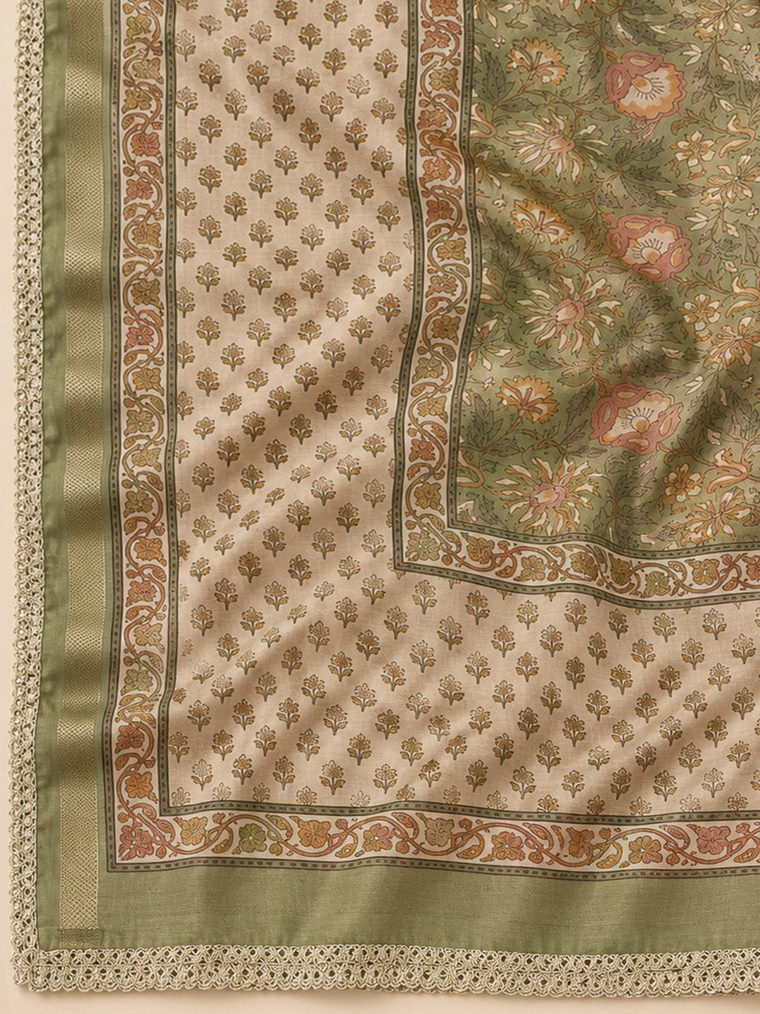 Green Chanderi Printed Unstitched Dress Material