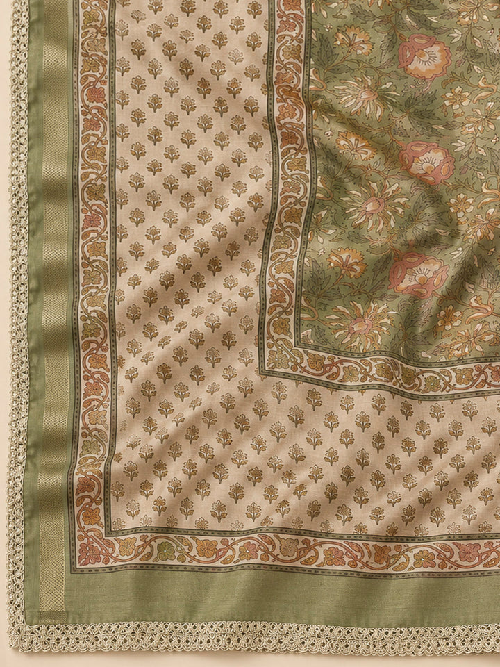 Green Chanderi Printed Unstitched Dress Material