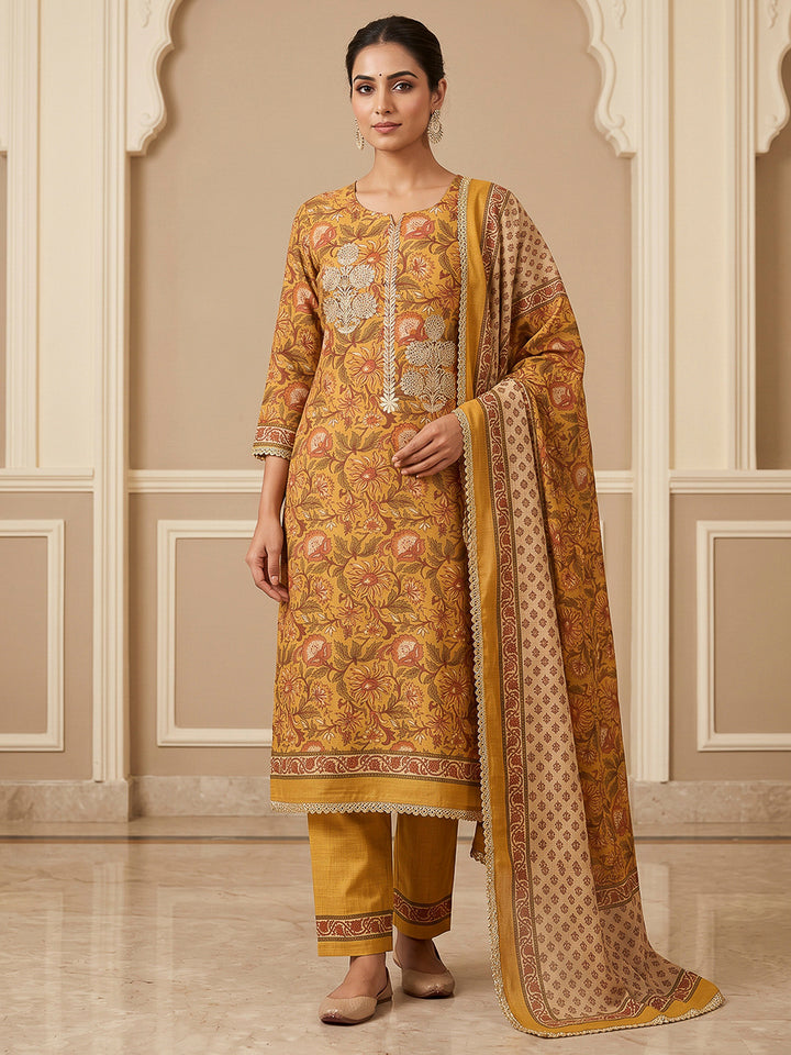 Mustard Chanderi Printed Unstitched Dress Material
