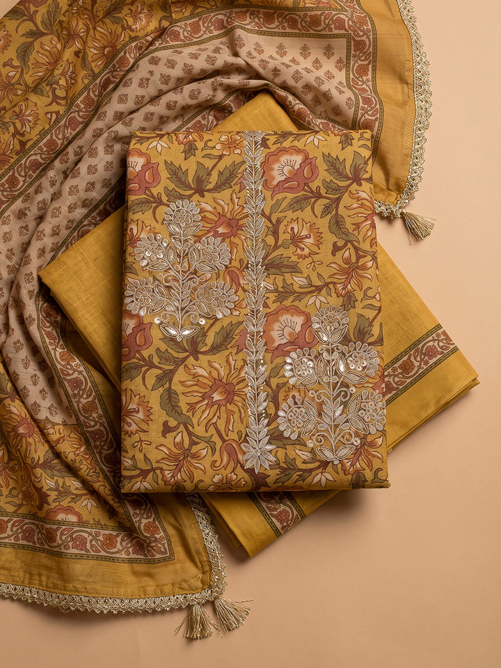 Mustard Chanderi Printed Unstitched Dress Material