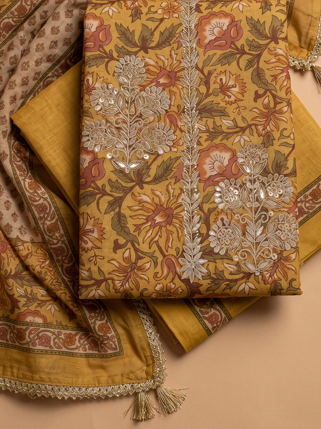 Mustard Chanderi Printed Unstitched Dress Material