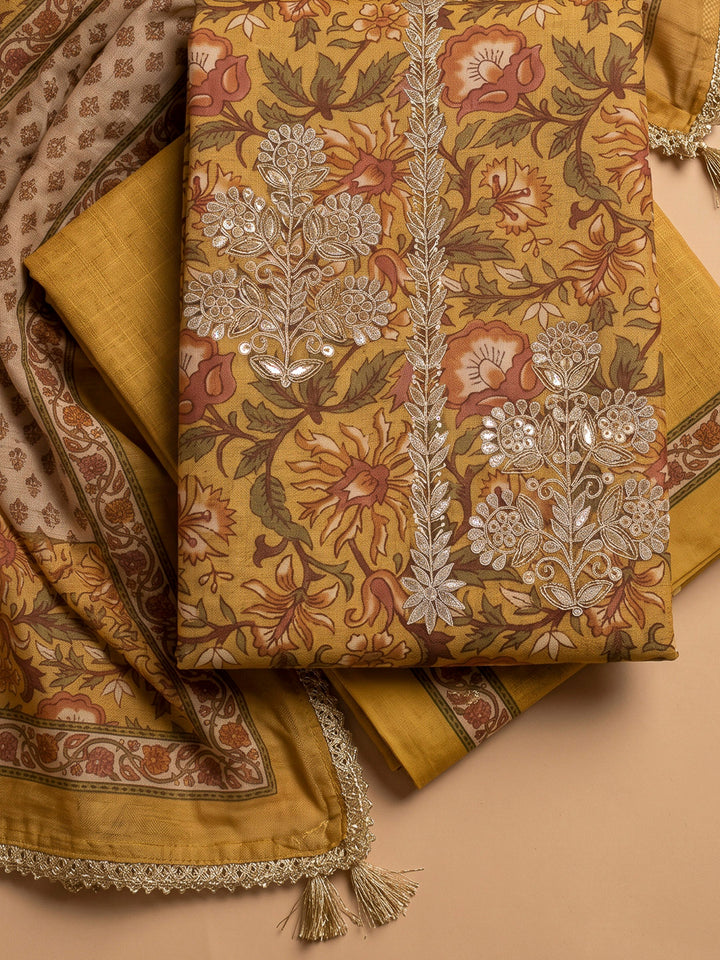 Mustard Chanderi Printed Unstitched Dress Material
