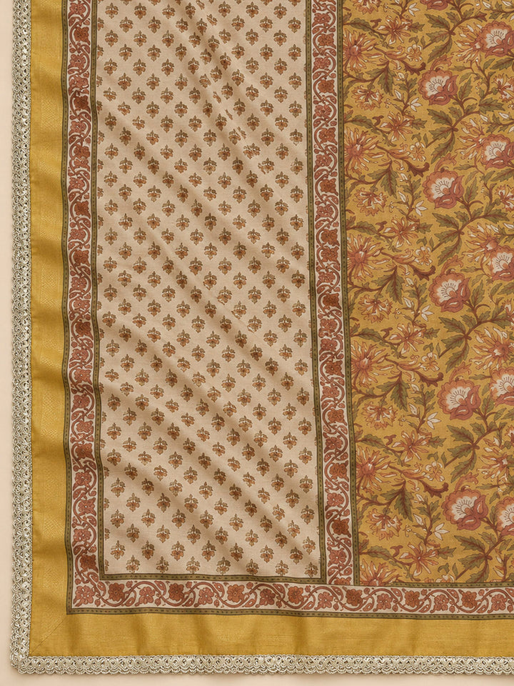 Mustard Chanderi Printed Unstitched Dress Material