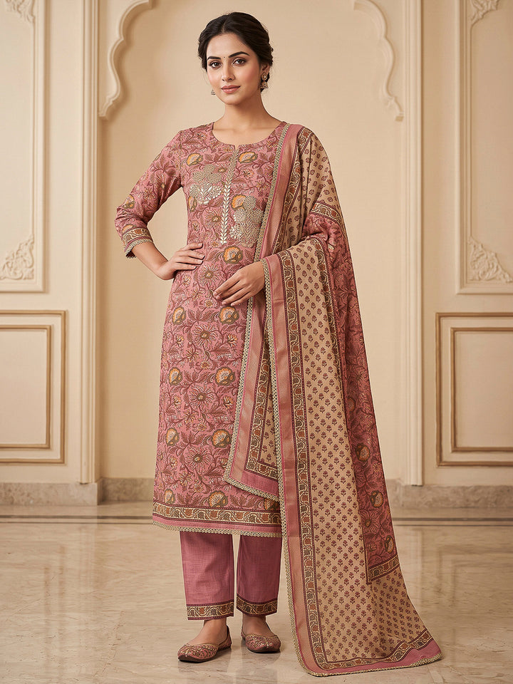 Onion Pink Chanderi Printed Unstitched Dress Material