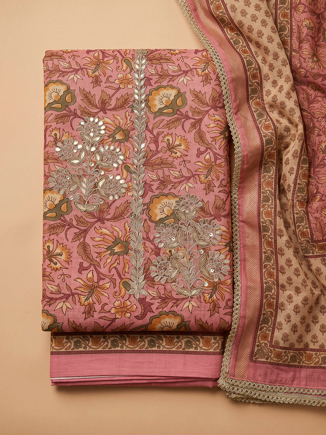 Onion Pink Chanderi Printed Unstitched Dress Material