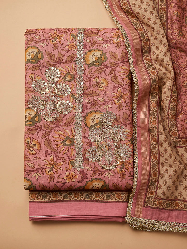 Onion Pink Chanderi Printed Unstitched Dress Material