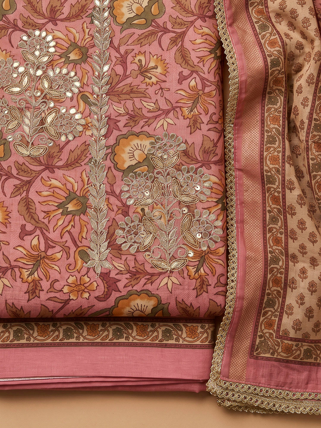 Onion Pink Chanderi Printed Unstitched Dress Material