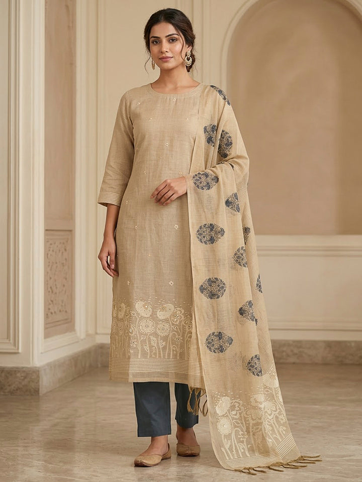Beige Chanderi Printed Unstitched Dress Material