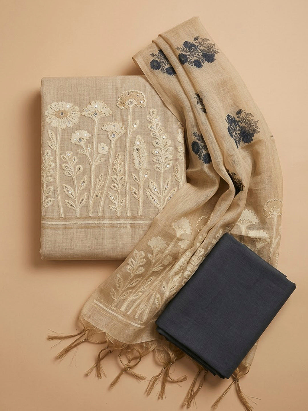 Beige Chanderi Printed Unstitched Dress Material