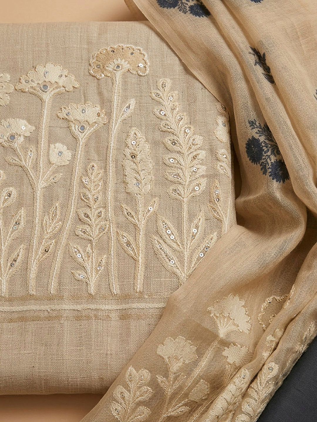 Beige Chanderi Printed Unstitched Dress Material
