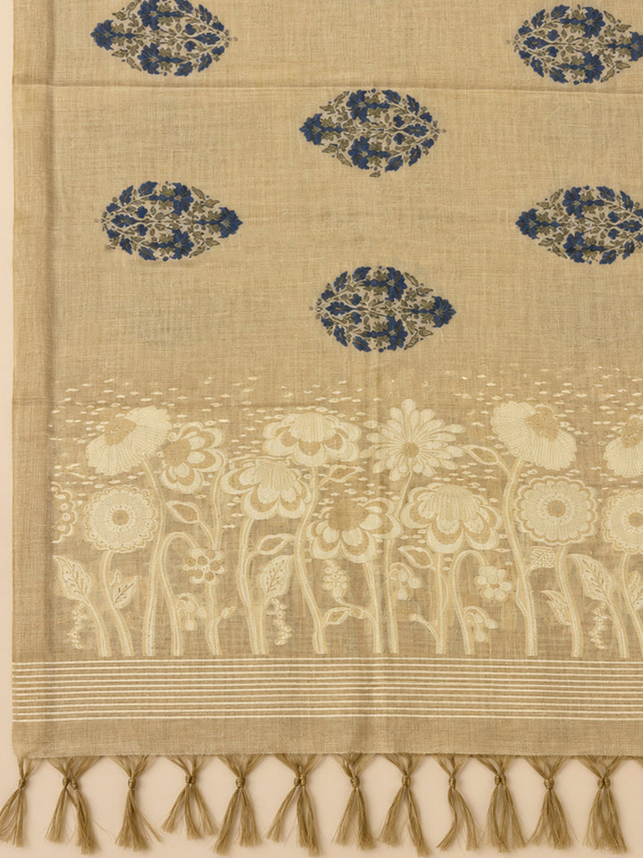 Beige Chanderi Printed Unstitched Dress Material
