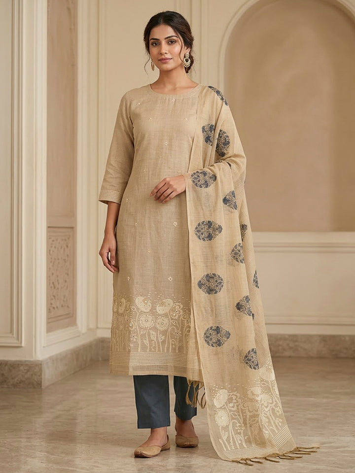 Beige Chanderi Printed Unstitched Dress Material