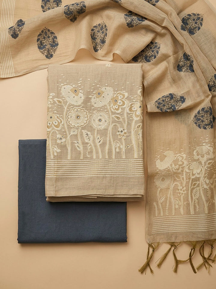 Beige Chanderi Printed Unstitched Dress Material