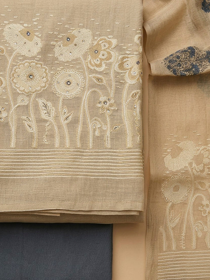 Beige Chanderi Printed Unstitched Dress Material