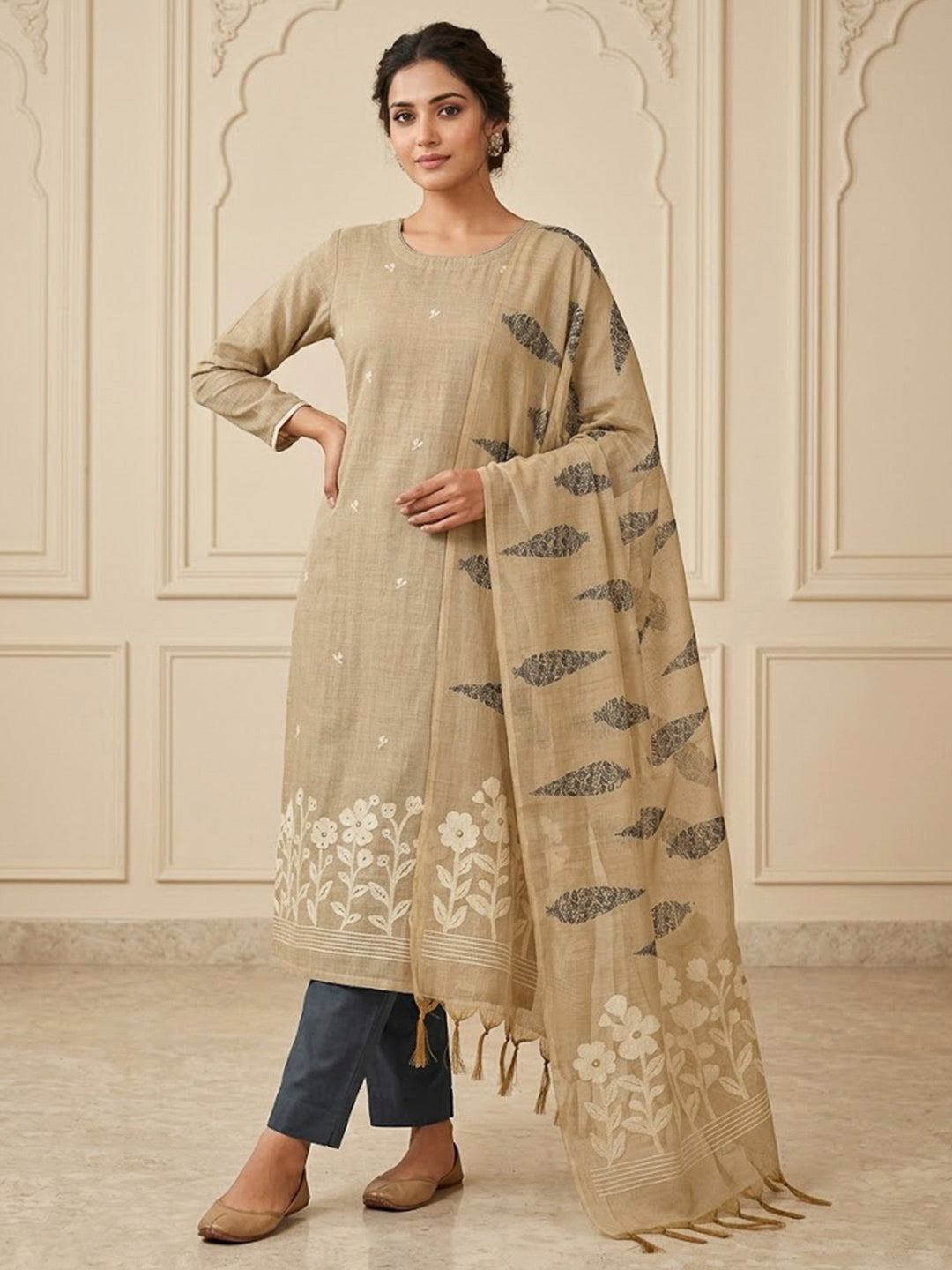 Beige Chanderi Printed Unstitched Dress Material
